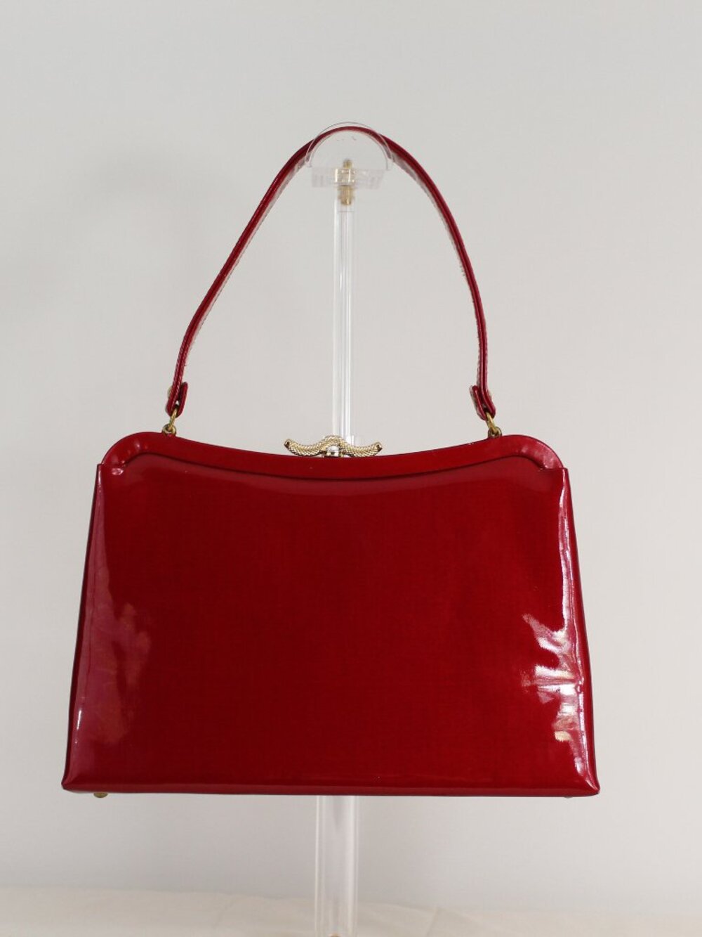 Vintage Bobby Jerome Cherry Red Patent Leather Frame Bag Kiss Lock Top Handle Re